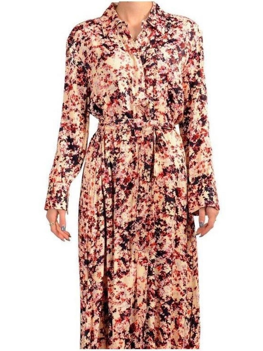 Boss Pink Multi Floral Tie-Waist Long Sleeve Midi Dress